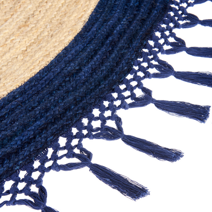 Round Jute Rug 200cm Beige Blue Boho Handmade Spiral