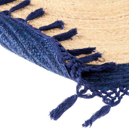 Round Jute Rug 200cm Beige Blue Boho Handmade Spiral