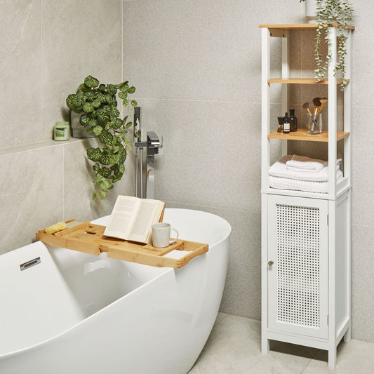 CasaLux White MDF Tall Bathroom Cabinet 30 X 160 Cm With Shelves And Perforated Door
