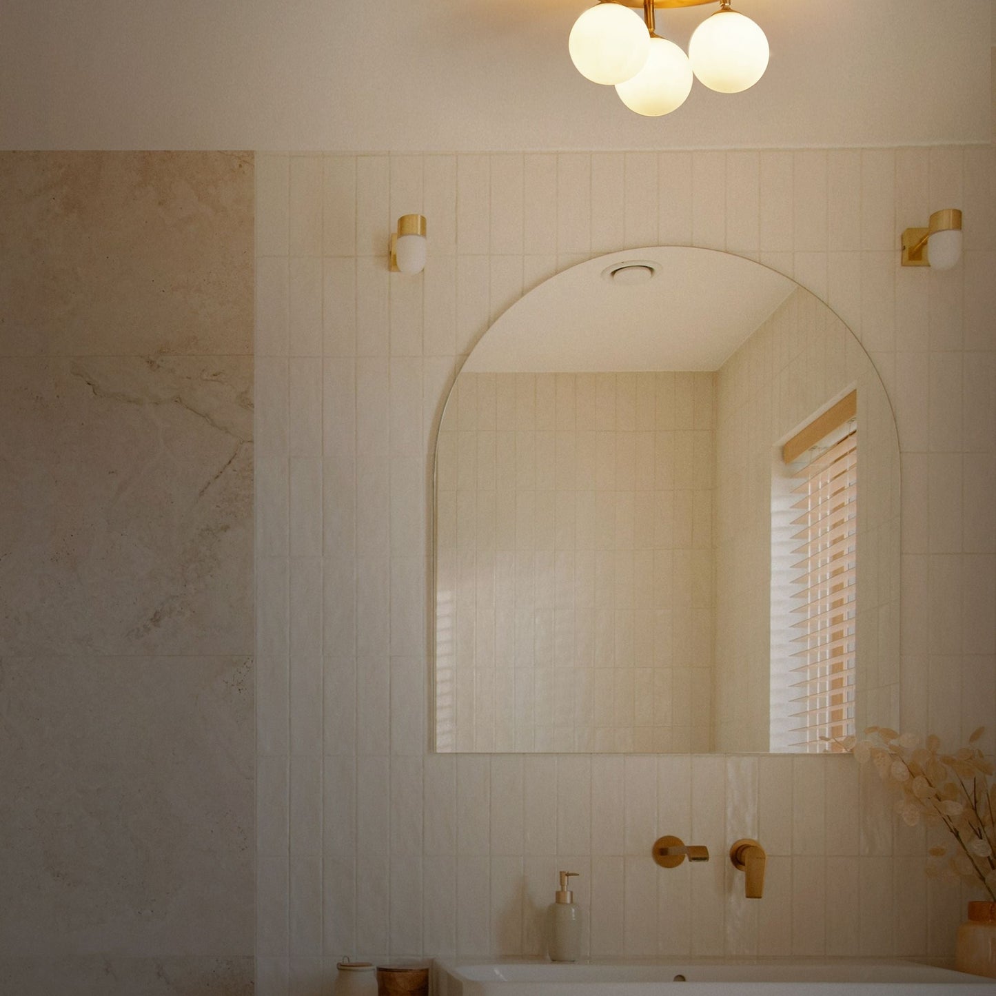 Three-Light Brass Ceiling Light With White Glass Globes