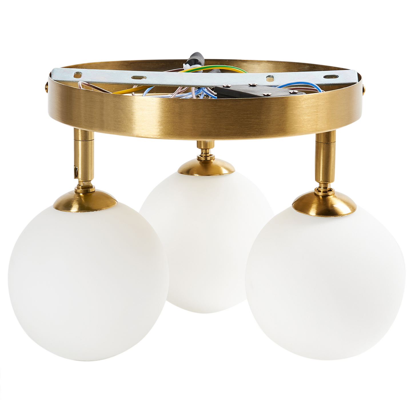 Three-Light Brass Ceiling Light With White Glass Globes