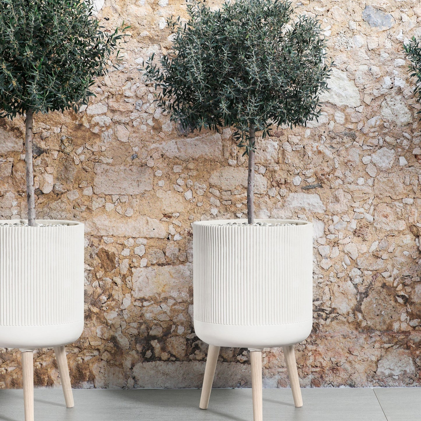Elevated Plant Pot Beige 35 x 35 x 57cm Round Tall Planter Pinstriped Indoor Outdoor Weather Resistant