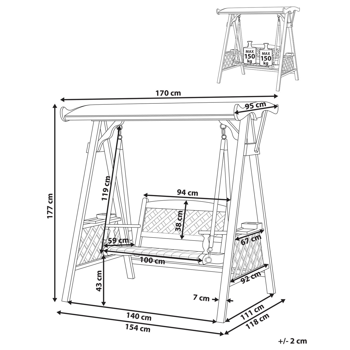 Garden Swing Canopy 2-Seater Spruce Wood Frame