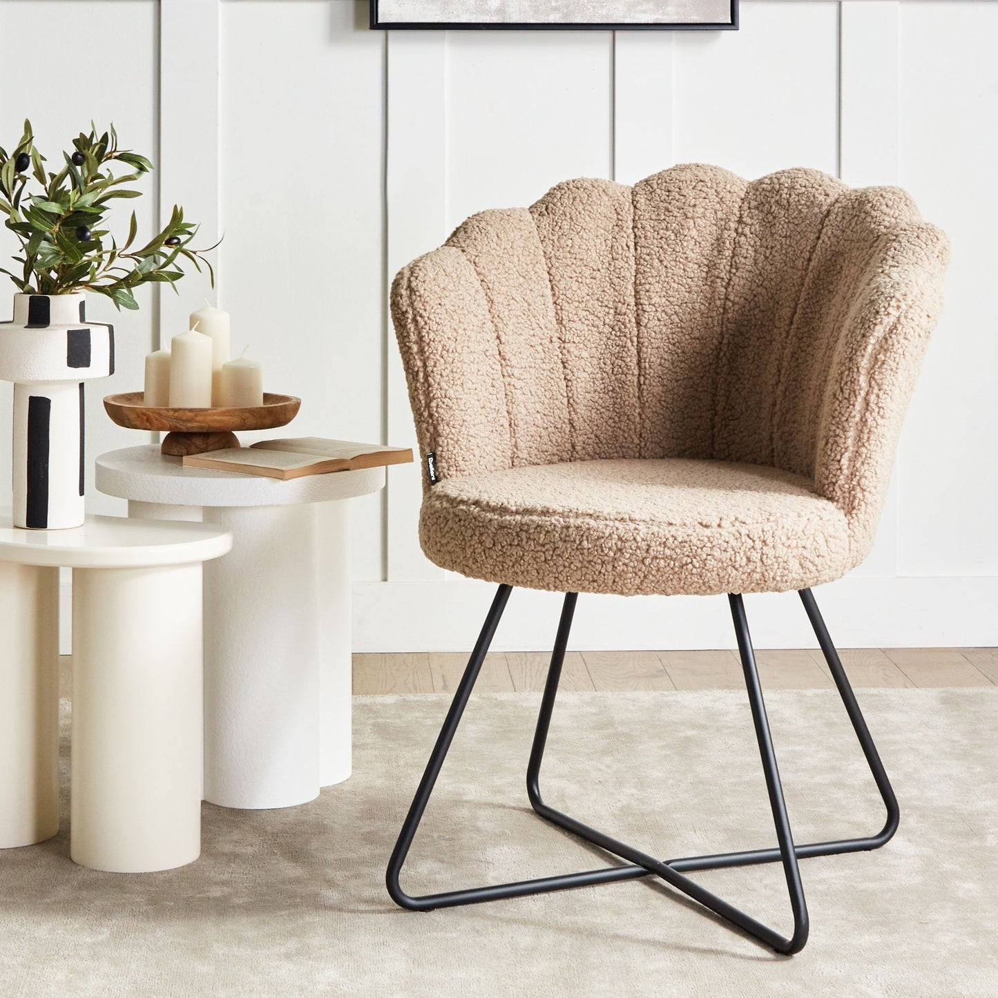 Beige Boucle Armless Shell Back Chair Black Metal Frame