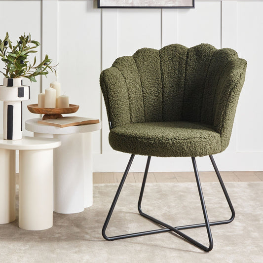 Armless Chair Dark Green Boucle Shell Back Black Metal Frame