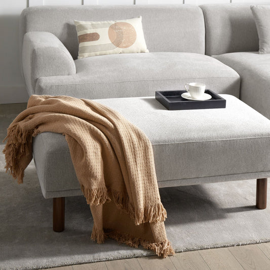 Fabric Light Grey Water Repellent Ottoman Footstool Rectangular on Wooden Legs for Living Room