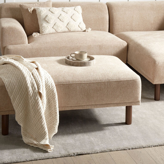 Beige Water-Repellent Ottoman Footstool With Wooden Legs