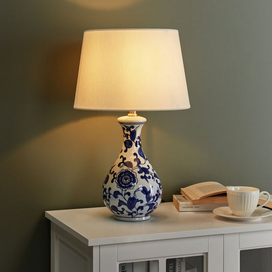 Table Lamp Blue and White Porcelain Base Floral Drum Shade