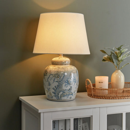 Hand Painted Blue White Porcelain Table Lamp Linen Shade