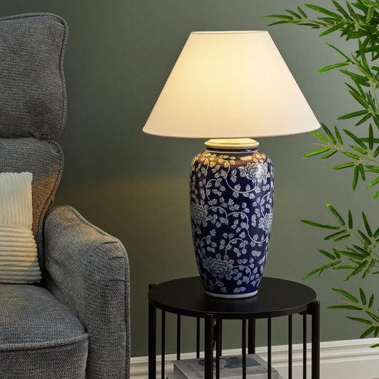 Table Lamp Blue And White Porcelain Base With Hand Painted Floral Design Linen Drum Shade