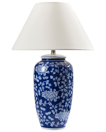 Table Lamp Blue And White Porcelain Base With Hand Painted Floral Design Linen Drum Shade