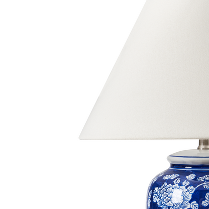 Table Lamp Blue And White Porcelain Base With Hand Painted Floral Design Linen Drum Shade