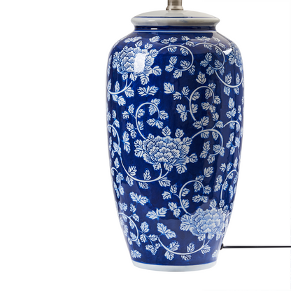 Table Lamp Blue And White Porcelain Base With Hand Painted Floral Design Linen Drum Shade