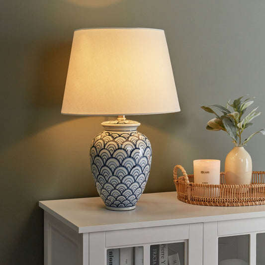 Porcelain Table Lamp With Blue And White Wave Pattern Linen Shade For Living Room And Bedroom