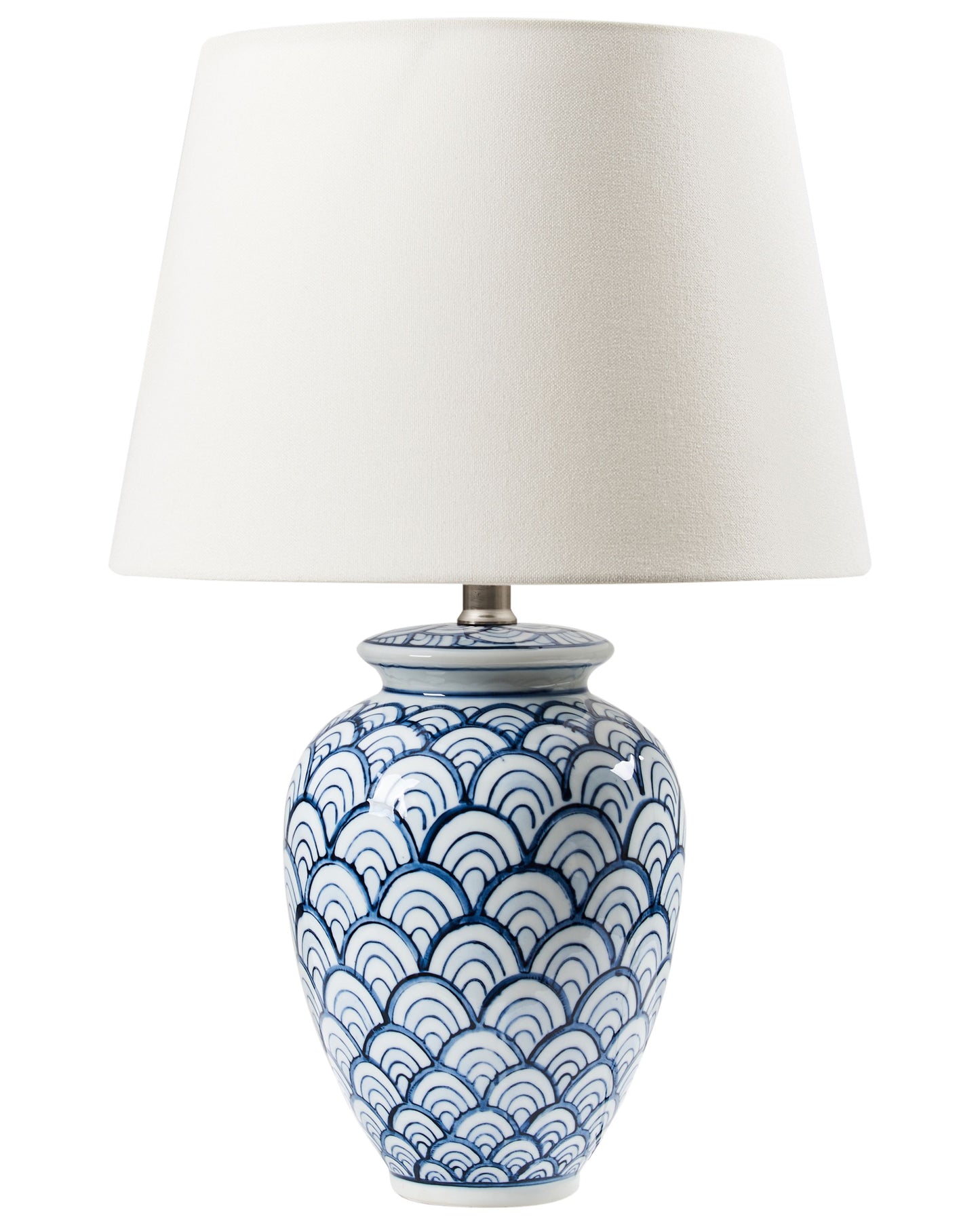 Porcelain Table Lamp With Blue And White Wave Pattern Linen Shade For Living Room And Bedroom
