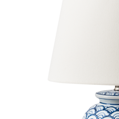 Porcelain Table Lamp With Blue And White Wave Pattern Linen Shade For Living Room And Bedroom