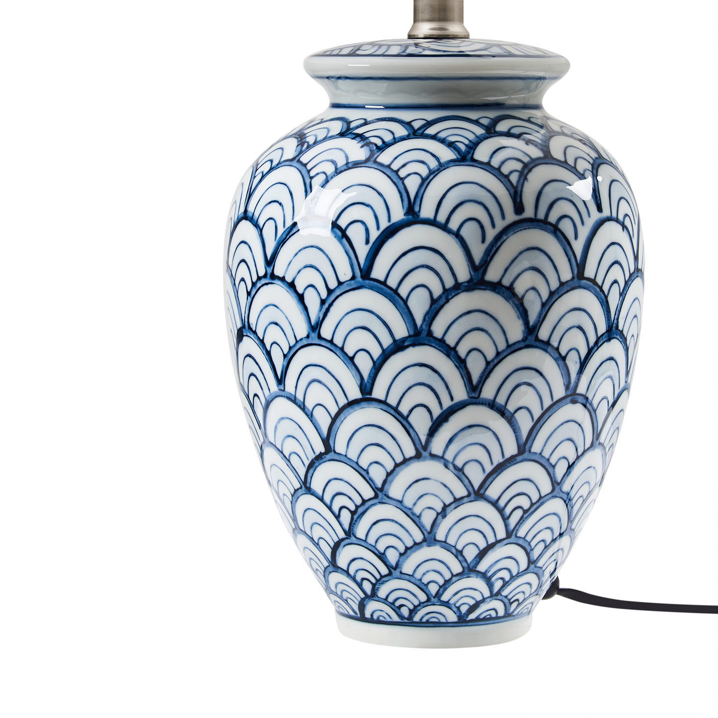 Porcelain Table Lamp With Blue And White Wave Pattern Linen Shade For Living Room And Bedroom