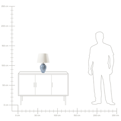 Porcelain Table Lamp With Blue And White Wave Pattern Linen Shade For Living Room And Bedroom