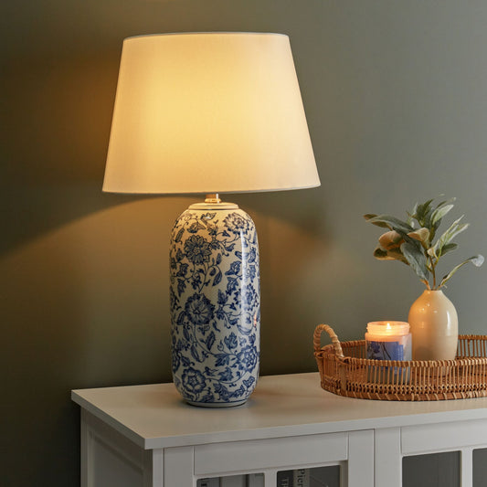 Table Lamp Blue Porcelain Base Linen Shade Floral