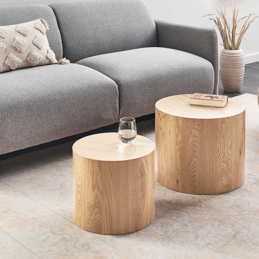 Light Brown Round Wood Coffee Tables Small Medium Set of 2