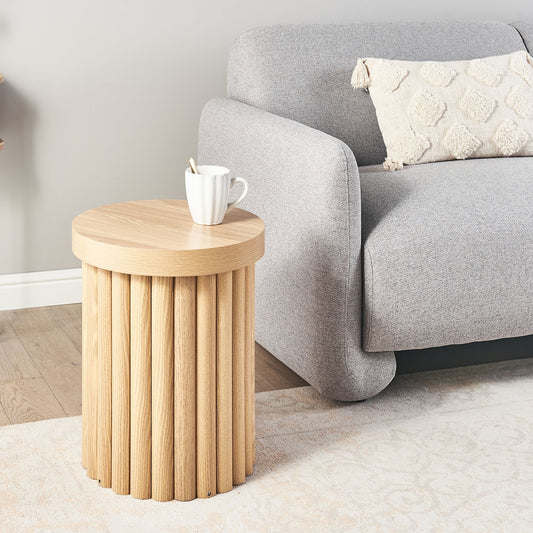 Light Brown Round Top Side Table With Ribbed Cylindrical Base Small Living Room Furniture