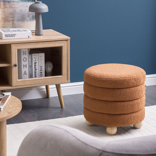 Pouffe Golden Brown Boucle Teddy Upholstery Footstool With Pine Wood Legs