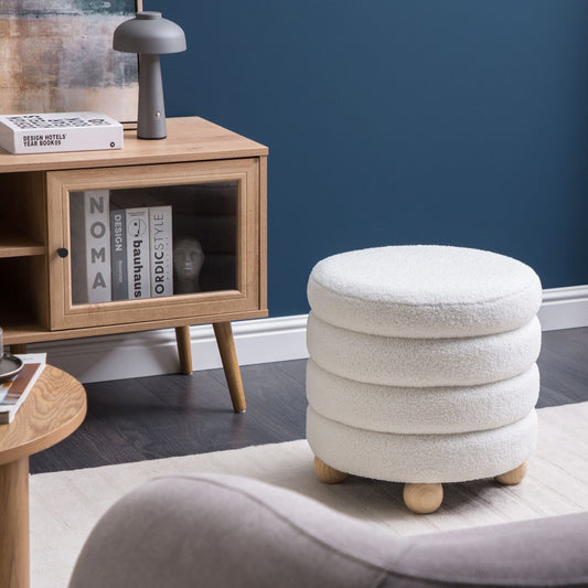 Pouffe Teddy Boucle Off White With Pine Wood Legs Footstool
