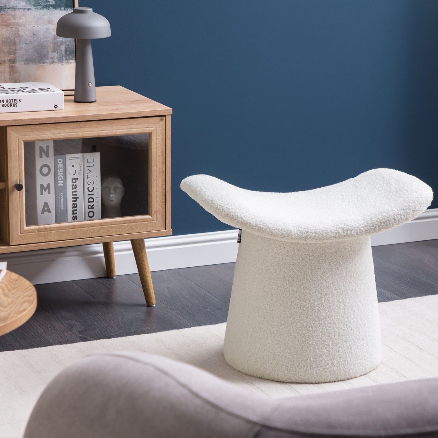 Pouffe Off White Boucle Teddy Upholstered Footstool With Foam Filling For Living Room