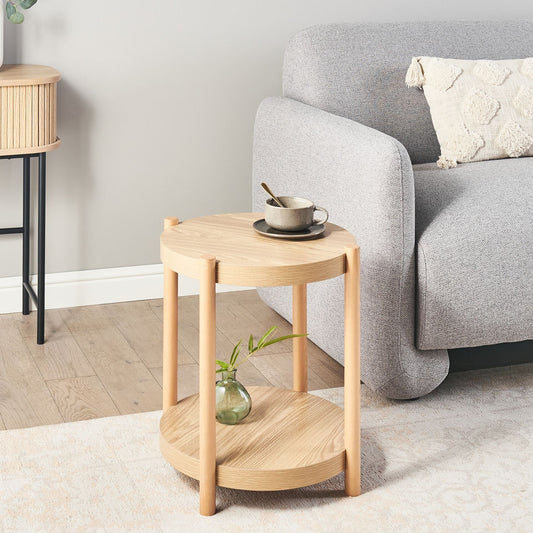 Side Table Round Light Brown Two Shelf Storage