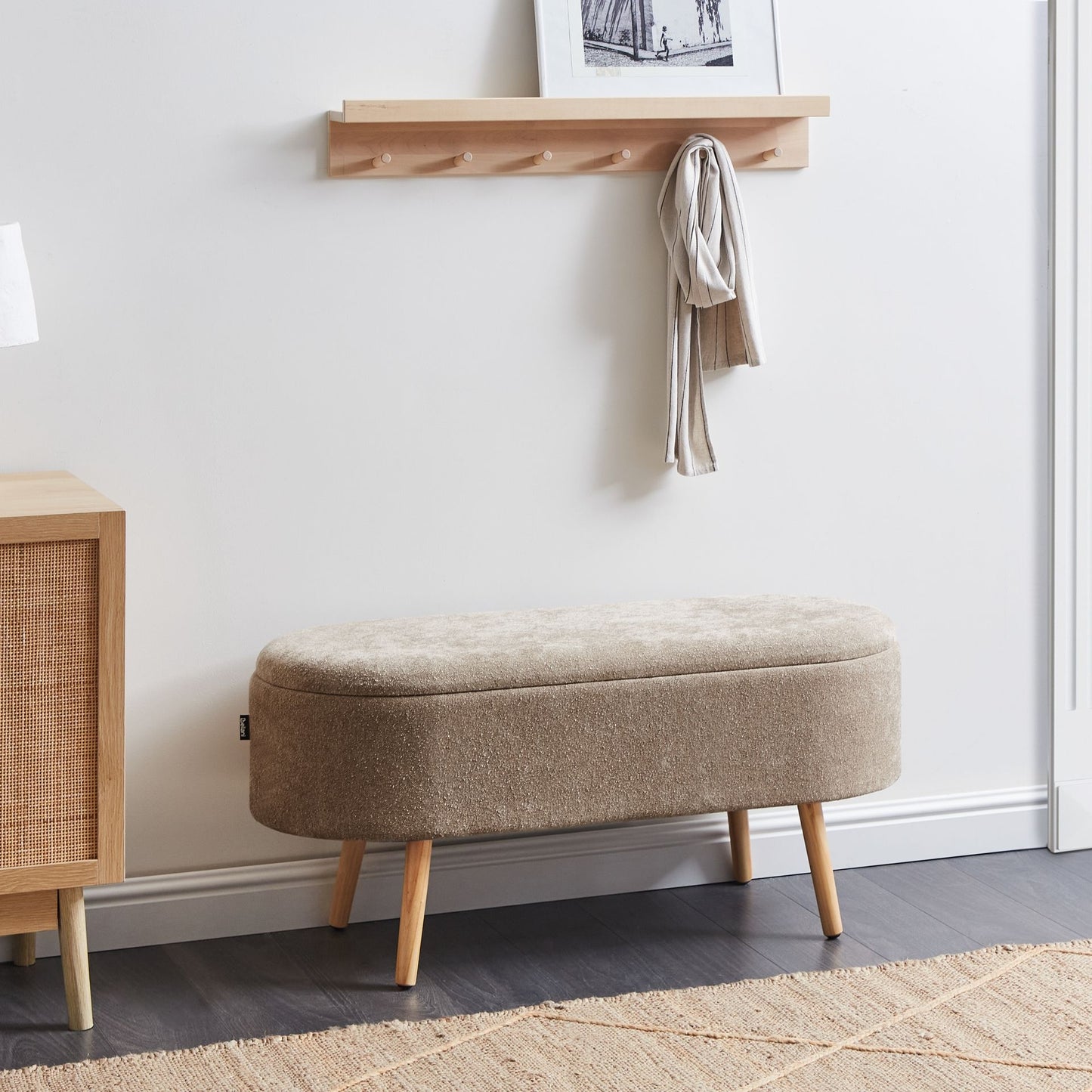 Storage Bench Light Brown Chenille With Pine Wood Legs