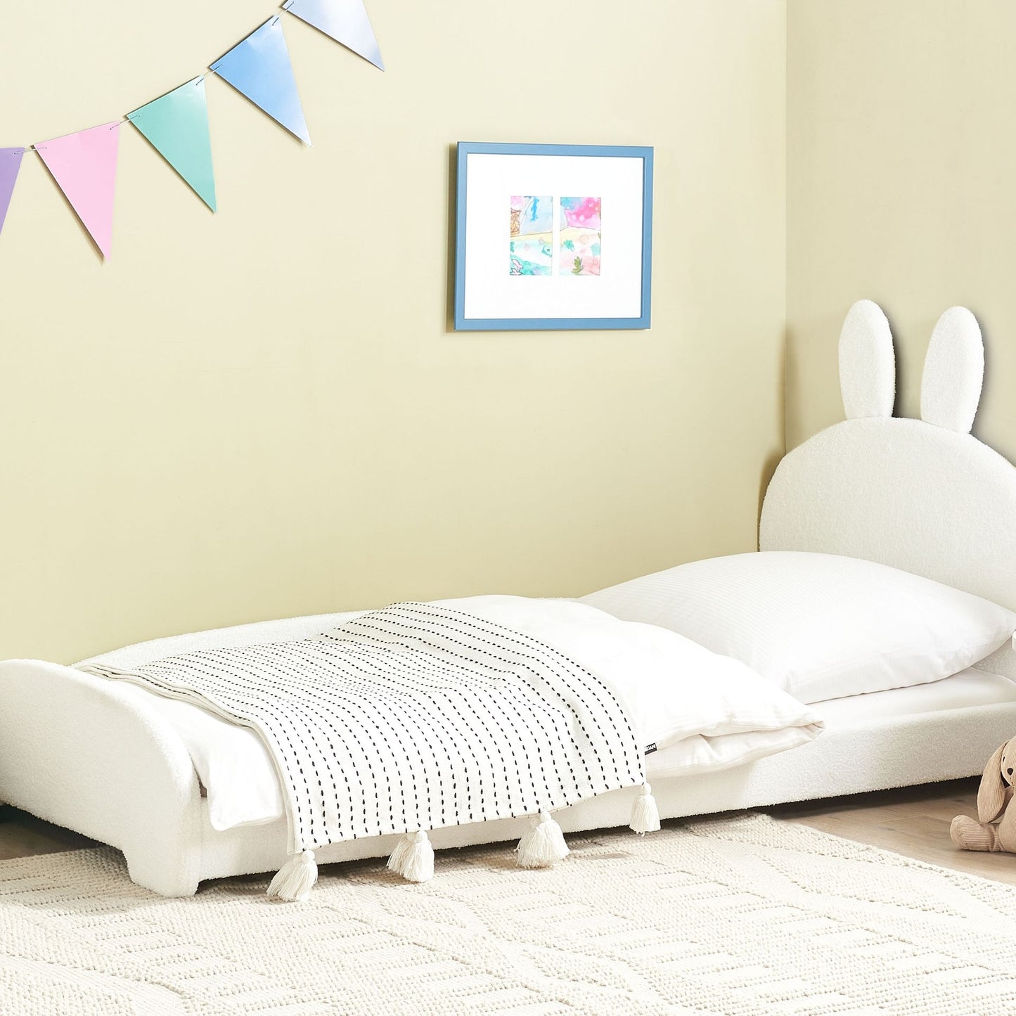 Bunny Boucle Upholstered Bed Frame With Ear Headboard 3ft EU Single Beige Off White
