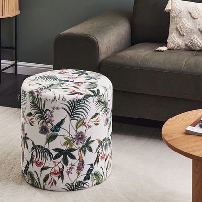 Round Multicolour Ottoman Pouffe Footstool With Floral Velvet Upholstery And Wood Base