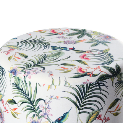 Round Multicolour Ottoman Pouffe Footstool With Floral Velvet Upholstery And Wood Base