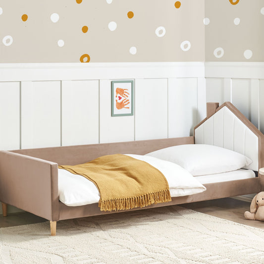 3ft EU Single Bed Brown White Velvet Upholstered Headboard With House Shape