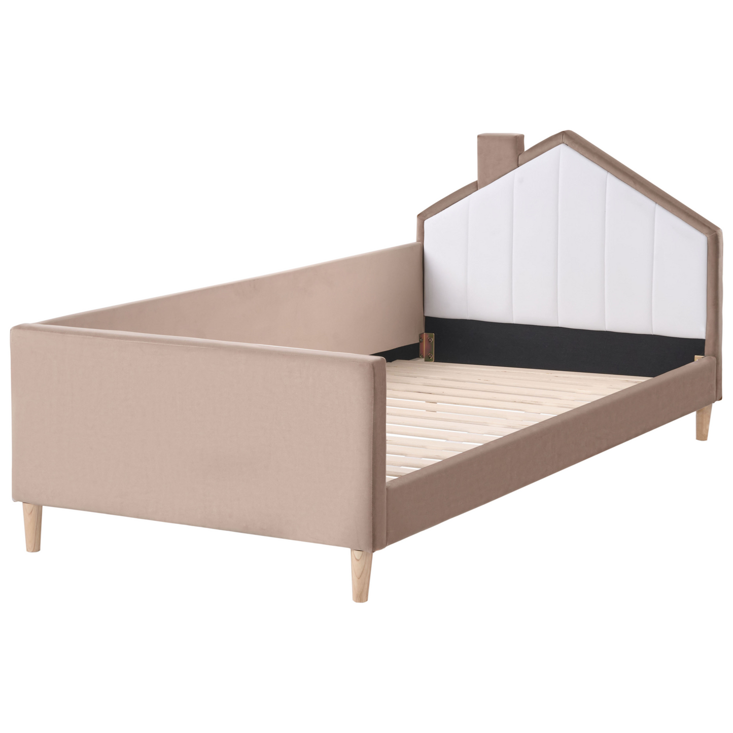 3ft EU Single Bed Brown White Velvet Upholstered Headboard With House Shape
