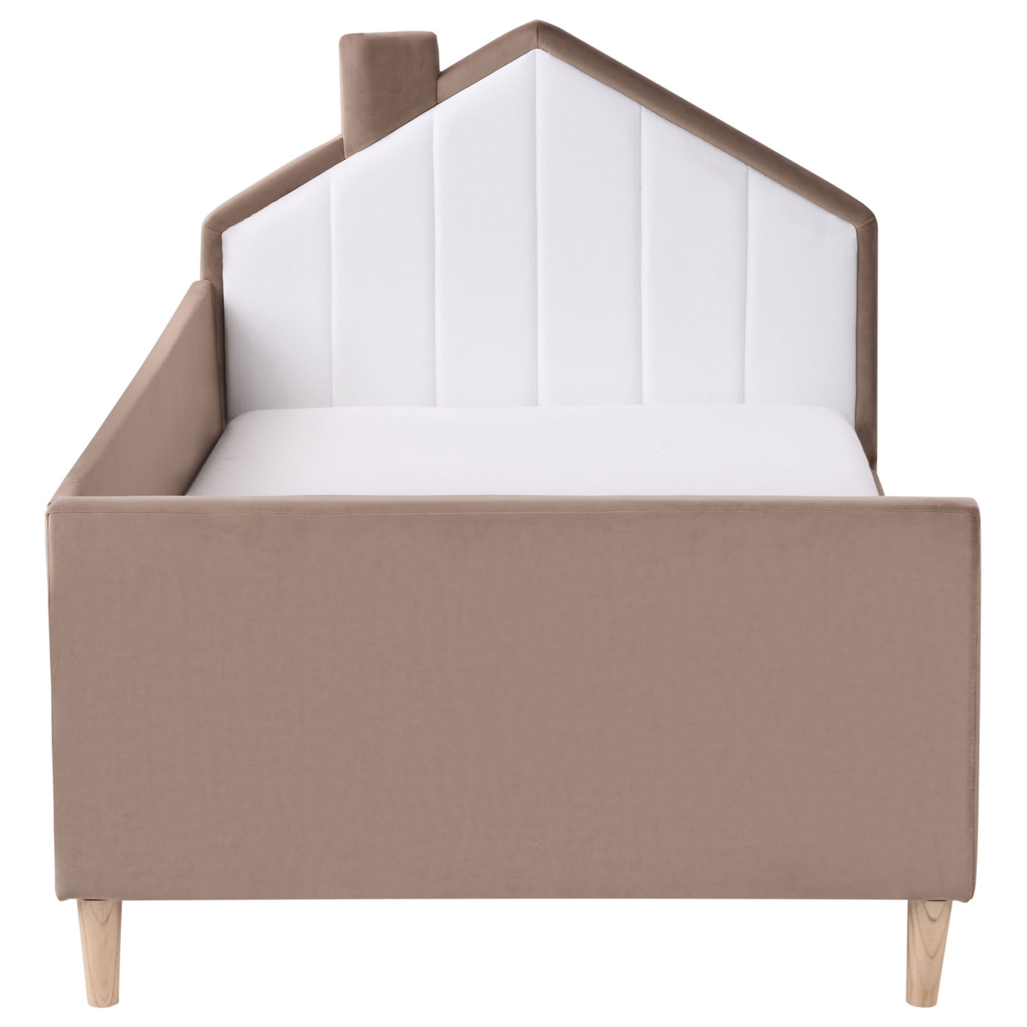 3ft EU Single Bed Brown White Velvet Upholstered Headboard With House Shape