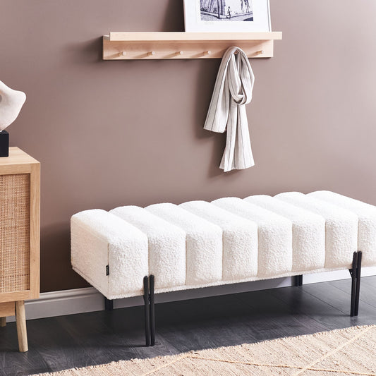 Fabric Bench Off White Upholstered With Sleek Metal Legs For Hallway Or Bedroom