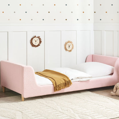 Pink Boucle Upholstered Bed Frame With Curved Headboard 3ft EU Single For Kids Room
