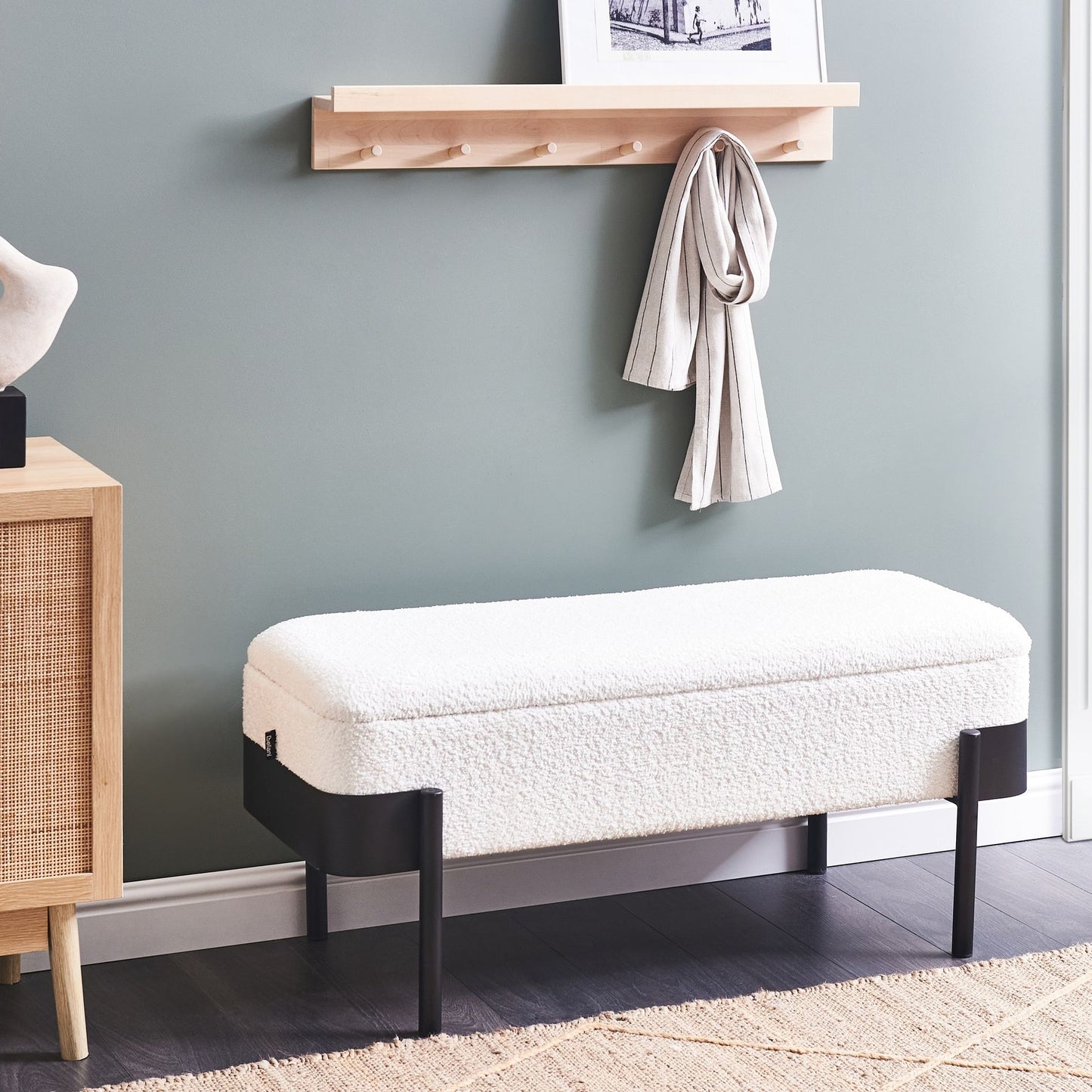 Storage Bench Off White Upholstery Black Legs Under Lid