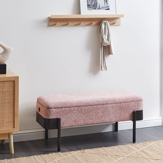 Cottage Design Pink Upholstered Storage Bench Lift-Top Black Legs