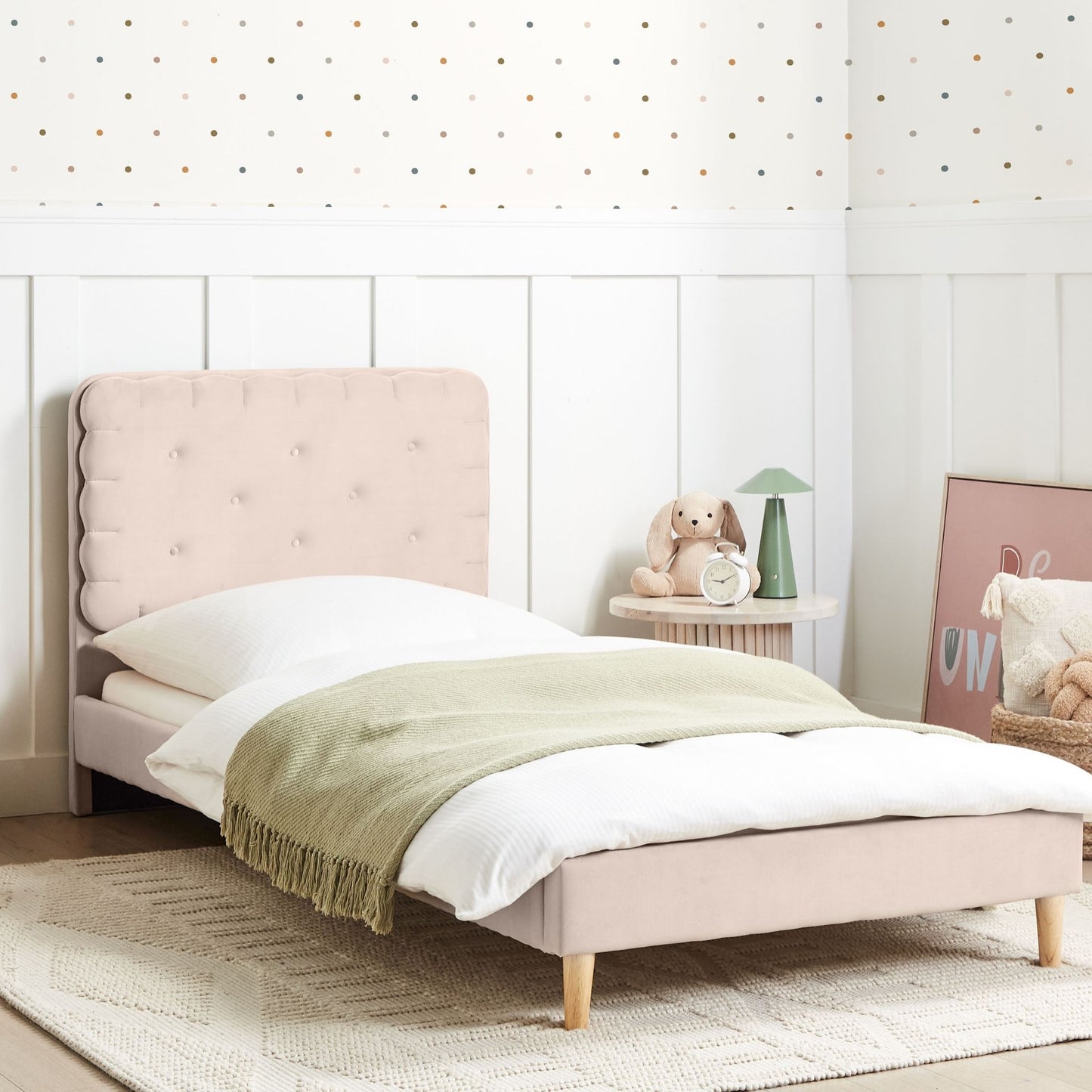 Beige Velvet Upholstered Bed with Tufted Headboard 3ft