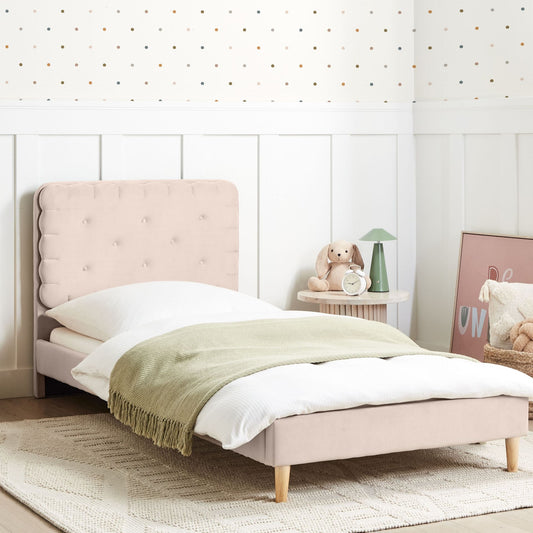 Beige Velvet Upholstered Bed with Tufted Headboard 3ft