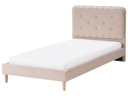Beige Velvet Upholstered Bed with Tufted Headboard 3ft