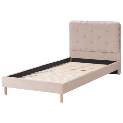 Beige Velvet Upholstered Bed with Tufted Headboard 3ft