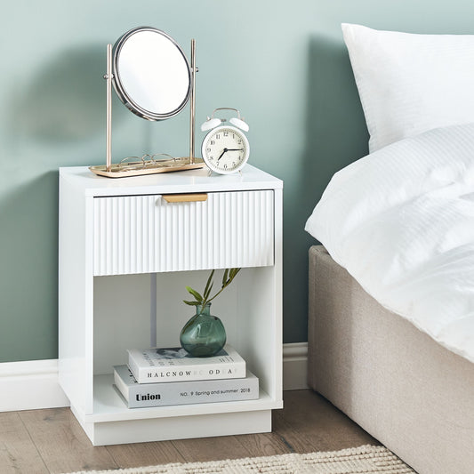 NovaHome Bedside Table White MDF Fluted Front 1 Drawer Gold Handle