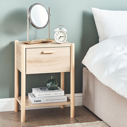 ScandiHome Bedside Table Light Brown MDF Pine Wood Legs 1 Drawer