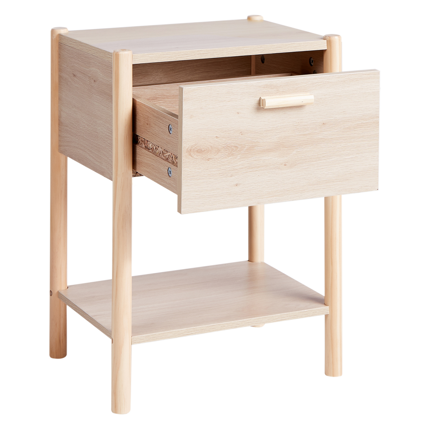 ScandiHome Bedside Table Light Brown MDF Pine Wood Legs 1 Drawer