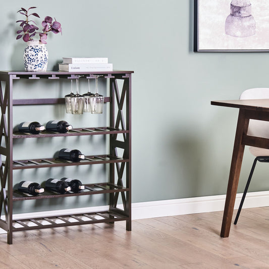 BrandLux Dark Brown Wine Rack Holder With MDF Pine Wood Legs 73 x 29 x 90 cm For Bottles And Glasses
