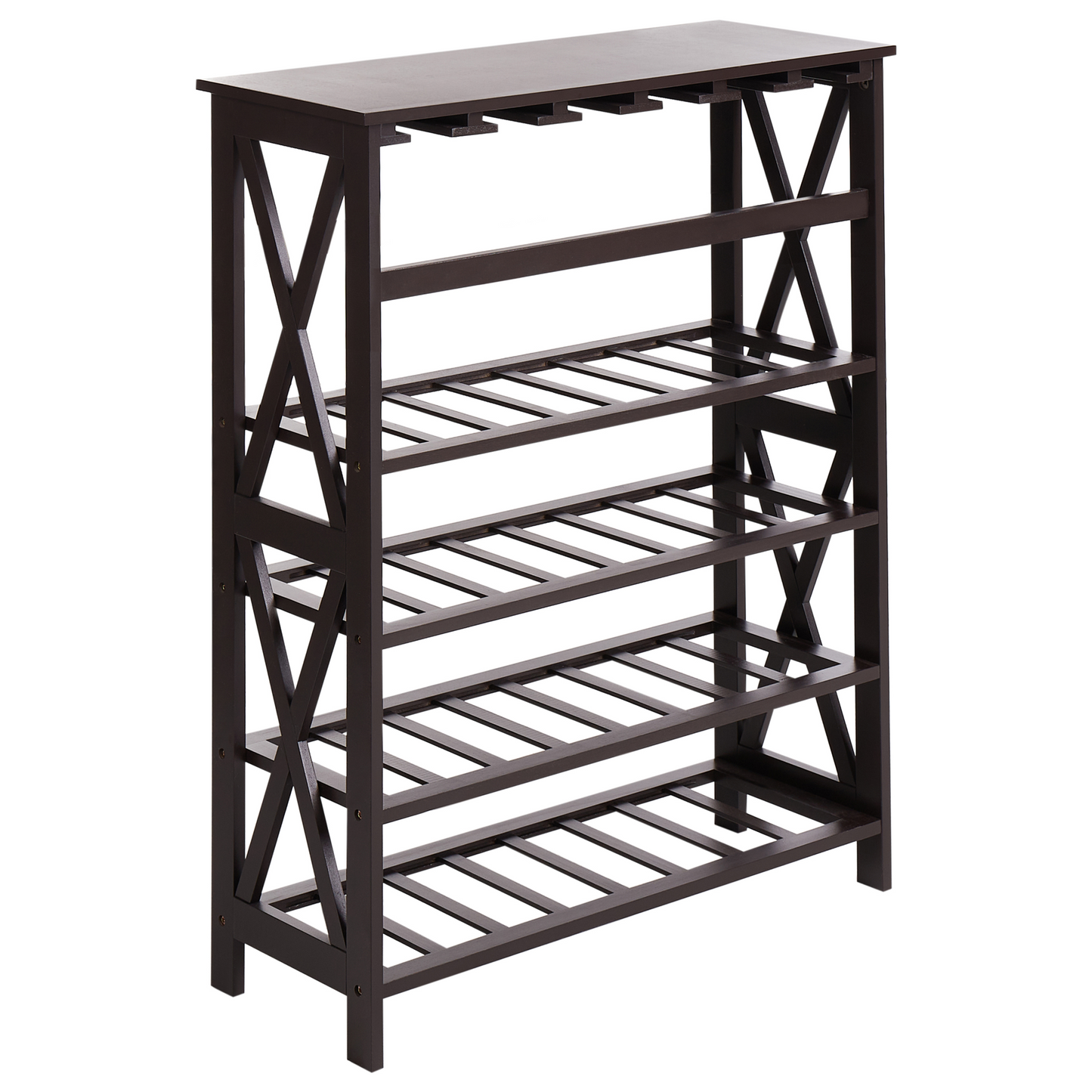 BrandLux Dark Brown Wine Rack Holder With MDF Pine Wood Legs 73 x 29 x 90 cm For Bottles And Glasses