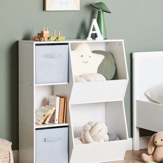 3 Tier White Bookshelf With Nonwoven Fabric Boxes Kids